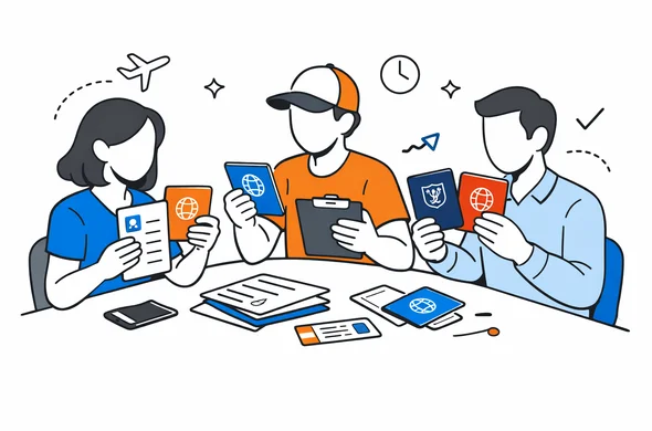 Flat semi-flat vector illustration, faceless abstract travelers comparing different passports and travel documents around a table, calm organized atmosphere, minimal background, Aid-Air palette, modern tech feel