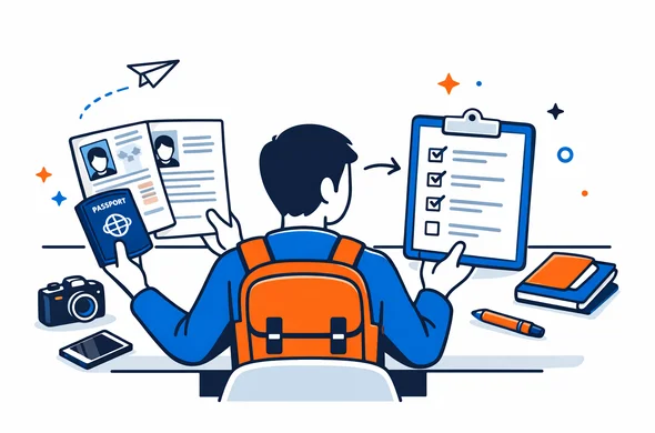Flat semi-flat vector illustration, faceless abstract traveler comparing old visa documents with a new application checklist on a desk, calm organized atmosphere, minimal background, Aid-Air palette, clean modern tech feel