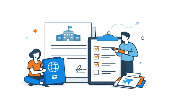 Flat semi-flat vector illustration of organized visa documents including invitation letter passport and checklist, faceless abstract characters, calm organized atmosphere, clean modern tech feel, minimal background, Aid-Air palette