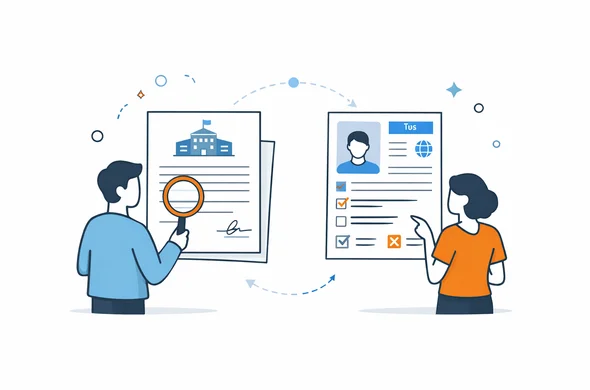 Flat semi-flat vector illustration of comparing invitation letter with visa application form, abstract faceless characters reviewing consistency, calm modern tech interface, minimal background, Aid-Air palette