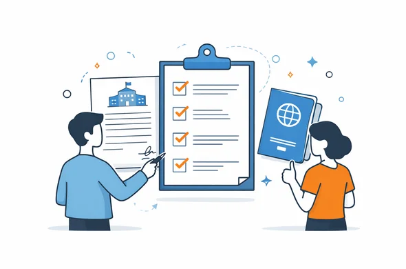 Flat semi-flat vector illustration of final visa submission checklist with invitation letter passport and verification marks, faceless abstract characters, calm organized atmosphere, minimal background, Aid-Air palette