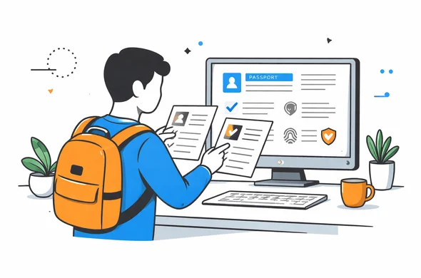 Clean flat vector illustration, faceless abstract traveler reading visa instructions and comparing document requirements on screen, calm organized atmosphere, minimal background, modern tech feel, Aid-Air palette Clean flat vector illustration, faceless abstract traveler reading visa instructions and comparing document requirements on screen, calm organized atmosphere, minimal background, modern tech feel, Aid-Air palette
