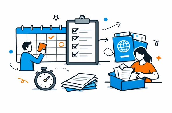 Flat semi-flat vector illustration of a calm visa planning timeline with calendar, checklist, passport, and abstract faceless characters organizing documents, clean modern tech feel, minimal background, Aid-Air palette