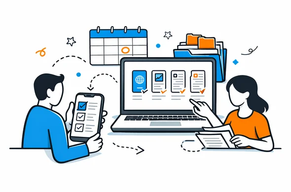 Flat semi-flat vector illustration of organized digital visa documents on phone and laptop before embassy appointment, abstract faceless characters, clean modern tech interface, calm organized atmosphere, minimal background, Aid-Air palette