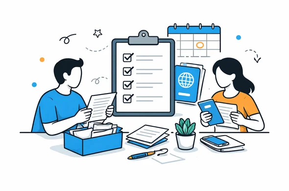 Flat semi-flat vector illustration of a calm pre-appointment review session with checklist, passport, calendar and abstract faceless characters, organized desk, minimal background, clean modern tech feel, Aid-Air palette