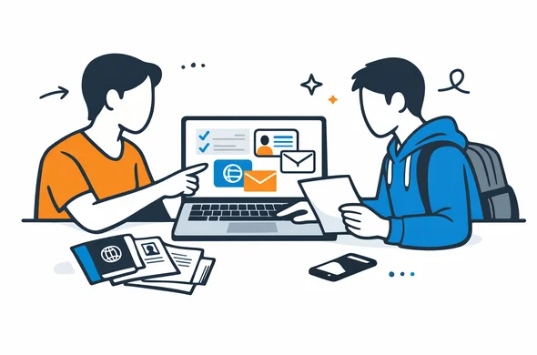 Flat semi-flat vector illustration of a parent and student organizing study visa documents on a laptop, calm organized atmosphere, faceless abstract characters, clean modern tech feel, minimal background, Aid-Air palette