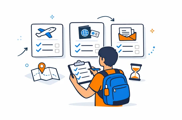 Flat semi-flat vector illustration of a traveler comparing several visa route options on a checklist, clean modern tech feel, faceless abstract characters, calm organized atmosphere, minimal background, Aid-Air palette