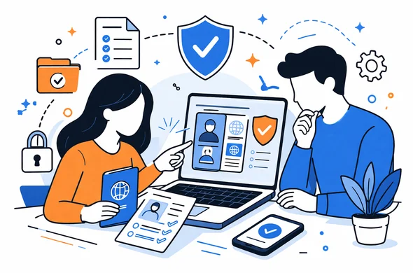 Flat semi-flat vector illustration, faceless abstract characters reviewing passport scans and personal details on a laptop, calm organized workspace, minimal background, Aid-Air palette, modern clean tech style.