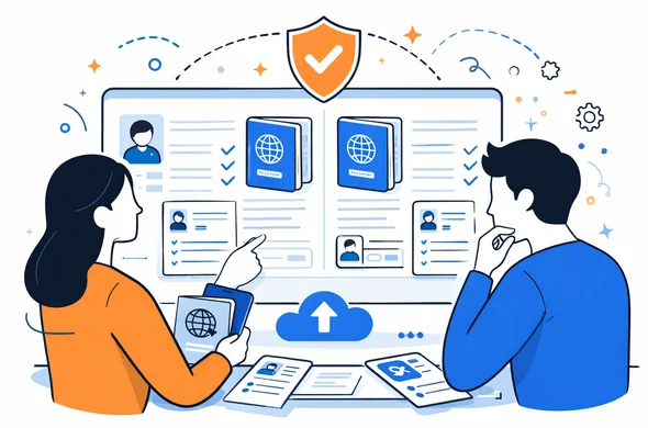Semi-flat vector illustration of abstract faceless people comparing passport details, forms, and uploaded files on screen, calm organized atmosphere, minimal background, Aid-Air palette, clean modern SaaS style.