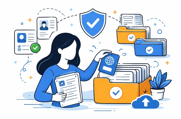 Flat vector illustration, faceless abstract character confidently managing digital visa paperwork with checkmarks and organized folders, calm trustworthy atmosphere, minimal background, Aid-Air palette.